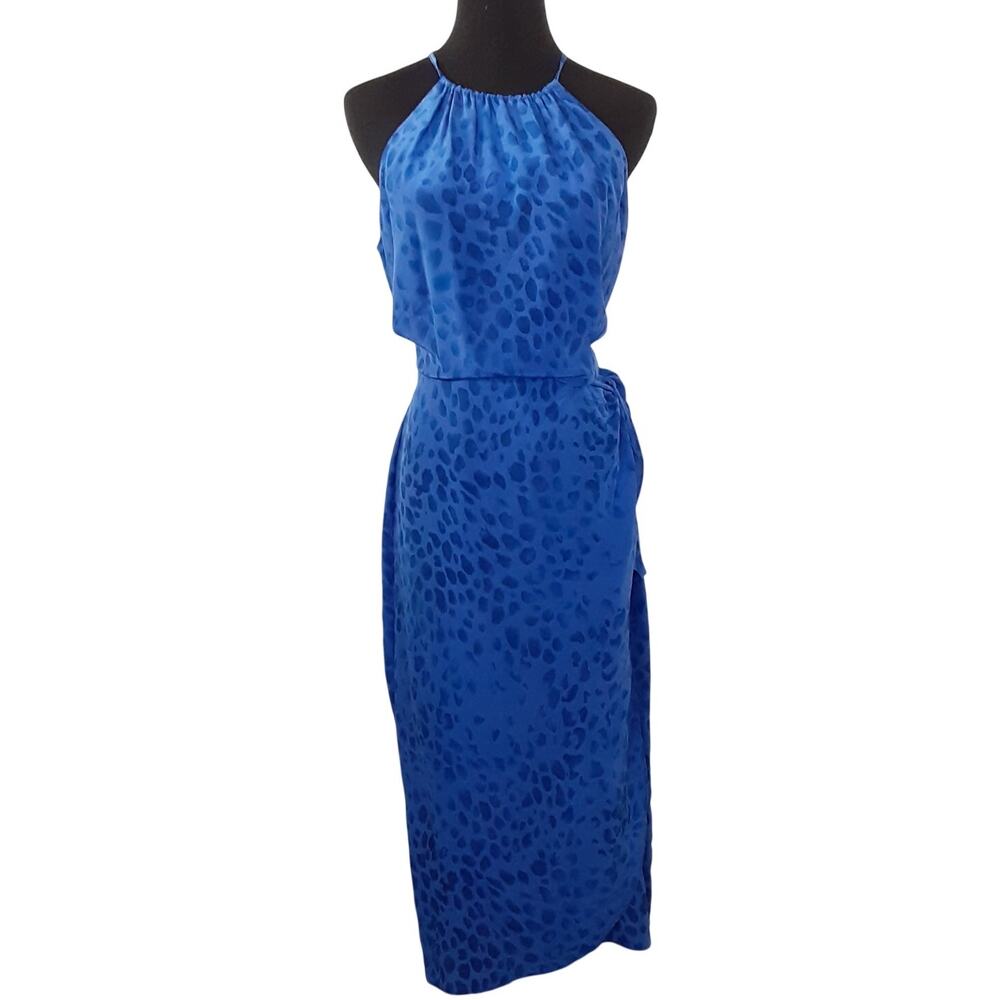 Vintage 90s Halter Maxi Dress 100% Silk Blue Satin Sarong Cocktail Dress Blue